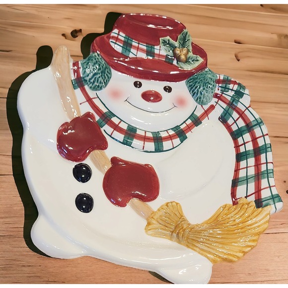 Fitz and Floyd PLAID CHRISTMAS SNOWMAN CANAPE PLATE 2001 - Picture 2 of 6